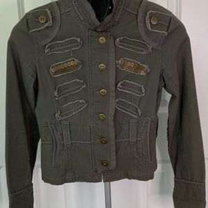Women's Military Style Jean Jacket Green Khaki Brass Colored Metal Buttons Sz. S
